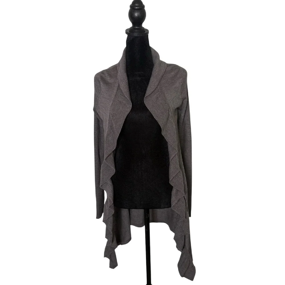 Kinross Cashmere Ruffle Open‎ Front Cardigan Sweater Size XS Gray Cozy Knit